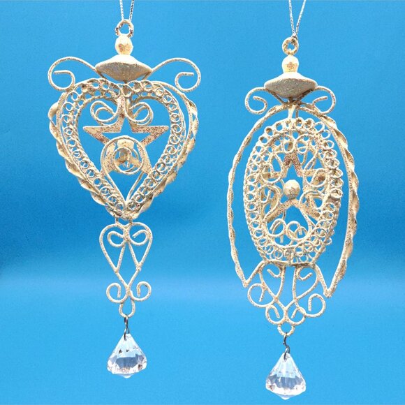 Christmas Ornaments White Glittered Metal Teardrop & Heart Filigree Holiday Set - Picture 2 of 8